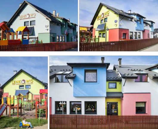 Polsko-Angielskie Przedszkole LENKOWO we Wrząsowicach (w rejonie Krakowa). Tętniąca kolorami fasada przedszkola w podkrakowskich Wrząsowicach odważnie zaprasza dzieci do wspólnej zabawy, Fot. Baumit