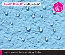 • efekt „perlenia” – formuła Silix XD<sup>®</sup> minimalizuje możliwość wnikania wody oraz zanieczyszczeń w strukturę farby • wysoka paroprzepuszczalność powłoki • szybkie odparowywanie wilgoci z podłoża • właściwości samoczyszczące powierzchni