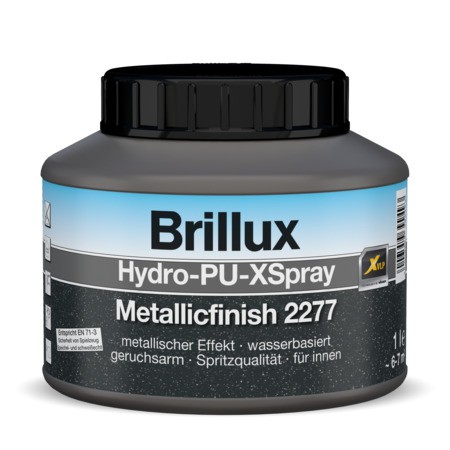 Hydro-PU-XSpray Metallicfinish 2277. Metaliczna powłoka ozdobna do stosowania na kolorowych powłokach lakieru na bazie żywicy akrylowej wewnątrz. Przeznaczony do stosowania w systemie z kolorowymi lakierami Hydro-PU-XSpray Seidenmattlack 2288 , np. na drzwiach, ościeżach, okładzinach drewnianych itp. Fot. Brillux