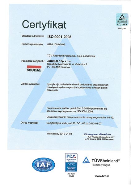 Certyfikat ISO 9001:2008 dla firmy Soudal
