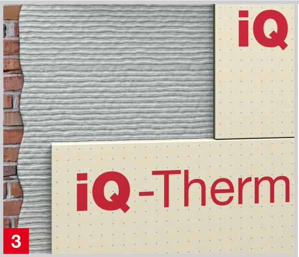 iQ-Therm: bezpośrednio po nałożeniu iQ-Fix nakładane są i dociskane bezspoinowo wewnętrzne płyty termoizolacyjne. Należy unikać tworzenia linii krzyżowej na stykach płyt.