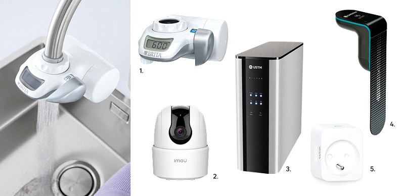 1. Filtr nakranowy on tap Brita, 309,00 zł, kod 82390483, 2. Kamera wewnętrzna Wifi 2C Ranger Imou, 155,00 zł, kod 86703830, 3. System odwróconej osmozy 1629,00 zł, kod 86262084, 4. Czujnik wilgotności gleby Smart Sensor Gardena 349,00 zł, kod 83211476, 5. Wtyczka Smart plug Wiz Smart lighting 79,99 zł, kod 82952567. Fot. Leroy Merlin