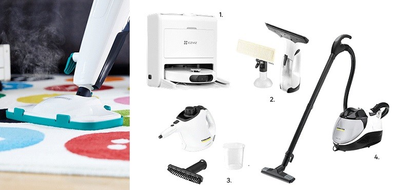 Zdj. ilustracyjne: Mop parowy Cleantenso Leifheit 709,00 zł, kod 45928771, 1. Robot sprzątający RS2 EZVIZ 3299,00 zł, kod 88042312, 2. Myjka do szyb WV 2 Plus Karcher 329,00 zł, kod 90201905, 4. Odkurzacz parowy SV 7 2200W 4 bar Karcher 3149,00 zł, kod 90705211, 3. Parownica SC1 3 bar 1200 W Karcher 355,00 zł, kod 90691071. Fot. Leroy Merlin