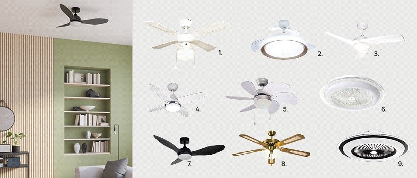 1. Lampowentylator Barbade biały E27 szer. 91 cm Inspire, 259,00 zł, kod 89087431, 2. Lampowentylator Bliss z diodą złoty LED Philips 1180,00 zł, kod 83832947, 3. Lampowentylator Aruba biały E27 śr. 112 cm Inspire 479,00 zł, kod 89087429, 4. Lampowentylator Vice biały LED Inspire 679,00 zł, kod 89087404, 5. Lampowentylator Tenerife srebrny E27 Inspire 379,00 zł kod 89087432, 6. Lampowentylator Zonda biały LED Eko Light 497,00 zł, kod 86617374, 7. Lampowentylator Amos czarny 122 cm LED 649,00 zł, kod 88405553, 8. 89087438 Lampowentylator Reunion złoty E27 Inspire 449,00 zł, kod 89087438, 9. Lampowentylator Zonda czarno-biały śr. 60 cm LED 569,00 zł, kod 84533238. Fot. Leroy Merlin