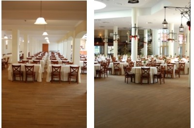 Powyższe zdjęcia przedstawiają przestronną salę restauracyjną z piękną naturalną podłogą zaolejowaną olejem HartzLack EX-1