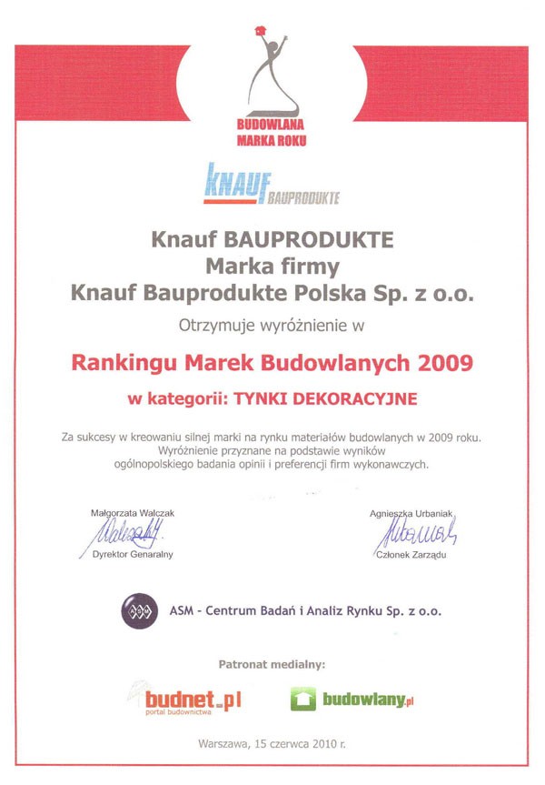 Knauf Bauprodukte - wyróżnienie Budowlanej Marki Roku
