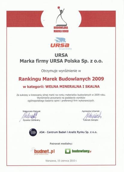URSA - Wyróżnienie Budowlana Marka 2009