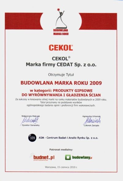 CEKOL zdobył tytuł Budowlanej Marki Roku 2009