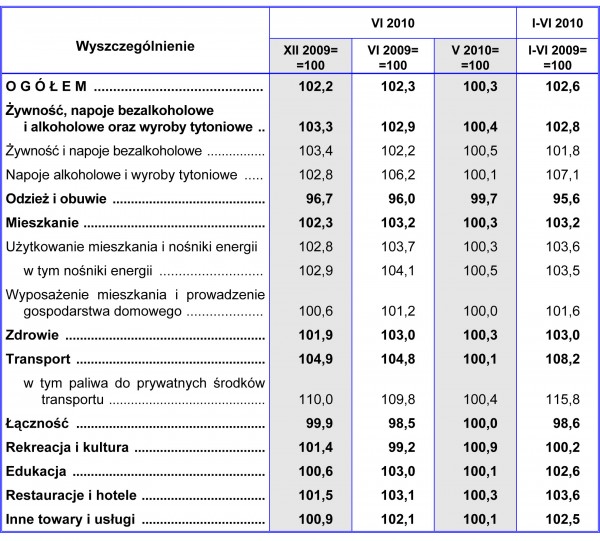 GUS - Wskaźniki cen towarów i usług konsumpcyjnych w czerwcu 2010 r.