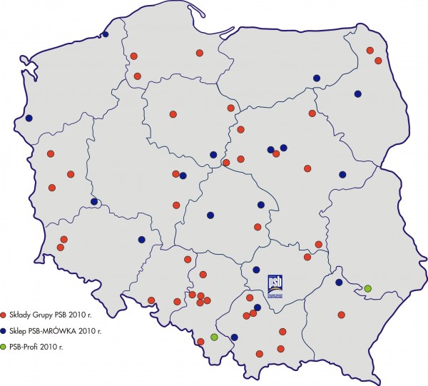 Mapka – Składy hurtowe, sklepy PSB-Mrówka oraz PSB-Profi, które dopełniły sieć Grupy PSB w okresie 1 styczeń – 21 wrzesień 2010 r.