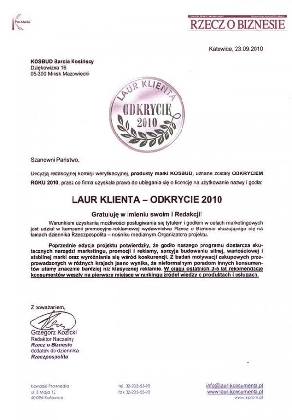 KOSBUD - LAUR KLIENTA w kategorii Odkrycie roku 2010