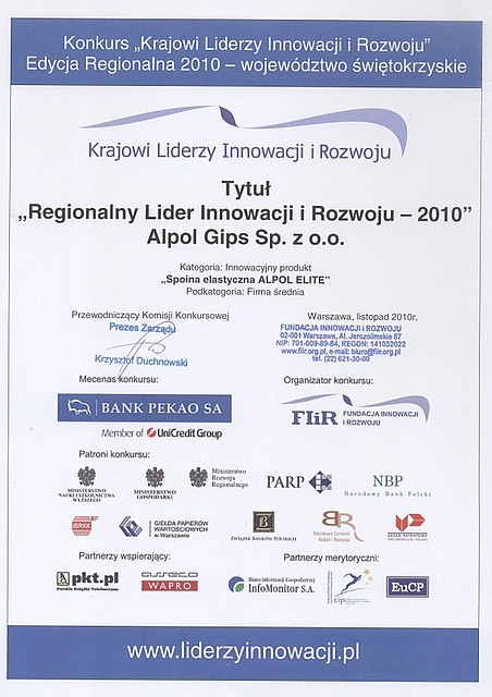 Nagroda Regionalny lider innowacji i rozwoju 2010 dla Alpol Gips Sp. z o.o.
