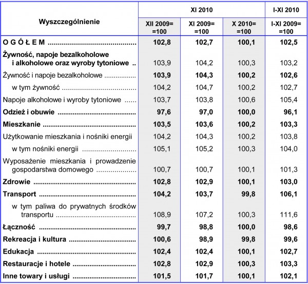 GUS - Wskaźniki cen towarów i usług konsumpcyjnych w listopadzie 2010 r.