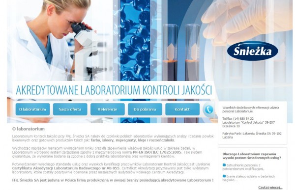 Strona internetowa Laboratorium Kontroli Jakości przy FFiL Śnieżka SA