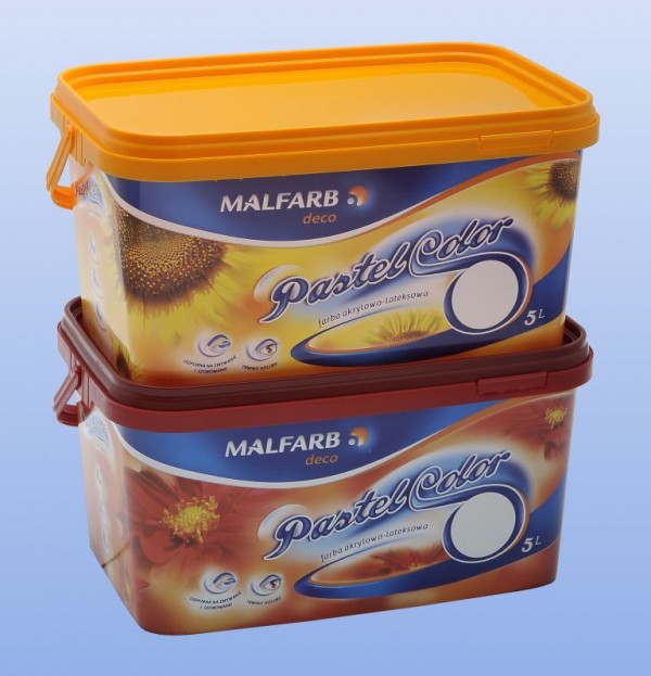 Opakowania produktów Malfarb z barwnymi etykietami produkowane są przy użyciu technologii IML, fot Plast-Box SA