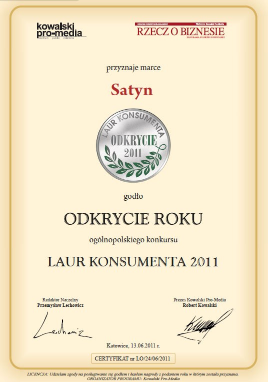 Satyn - Laur Konsumenta w kategorii Odkrycie roku 2011 <br />