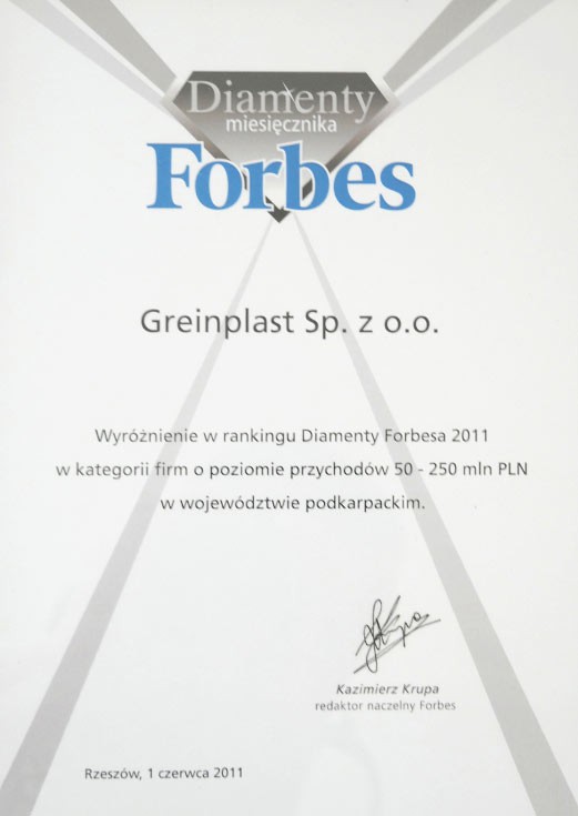 Wyróżnienie w rankingu Diamenty Forbesa 2011 dla firmy GREINPLAST