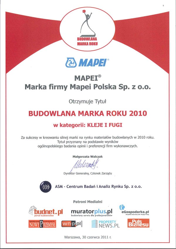 MAPEI zostało Budowlaną Marką Roku w kategorii kleje i fugi
