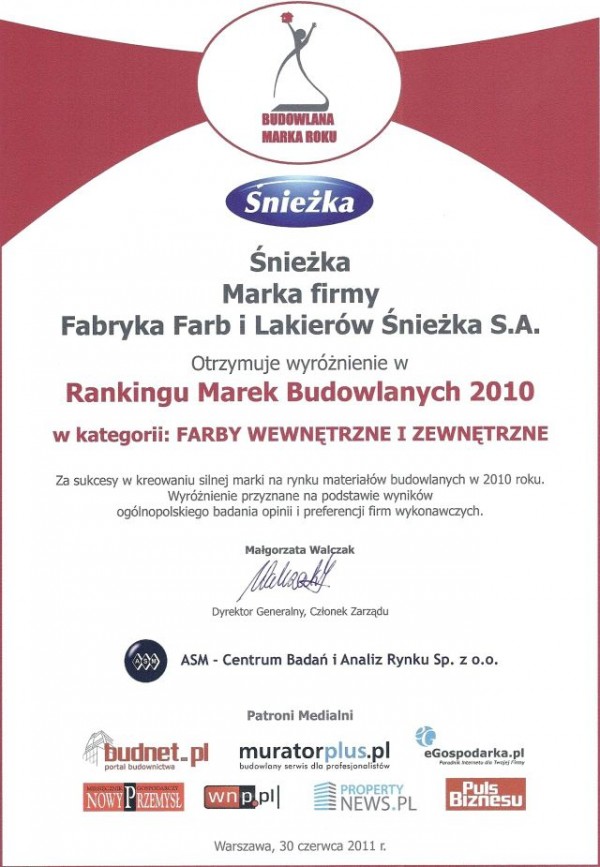 Śnieżka wyróżniona w rankingu budowlana marka roku 2010