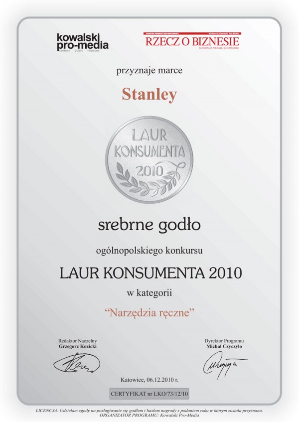 Złoty Laur Konsumenta 2011 dla marki Stanley