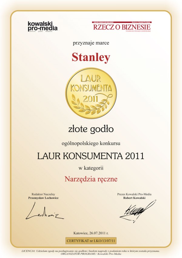 Złoty Laur Konsumenta 2011 dla marki Stanley