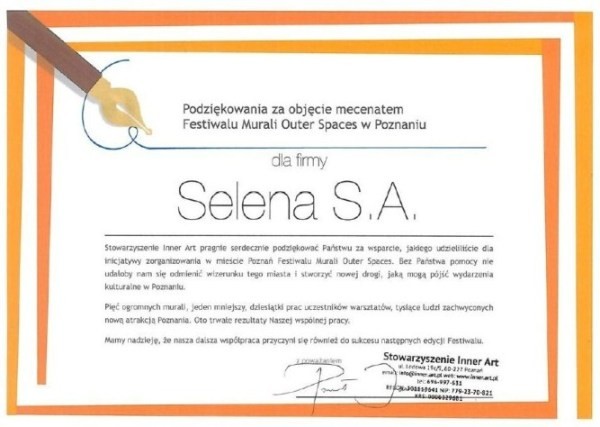 Podziękowanie za objecie mecenatem Festiwalu Murali Outer Spaces Fot. Selena SA