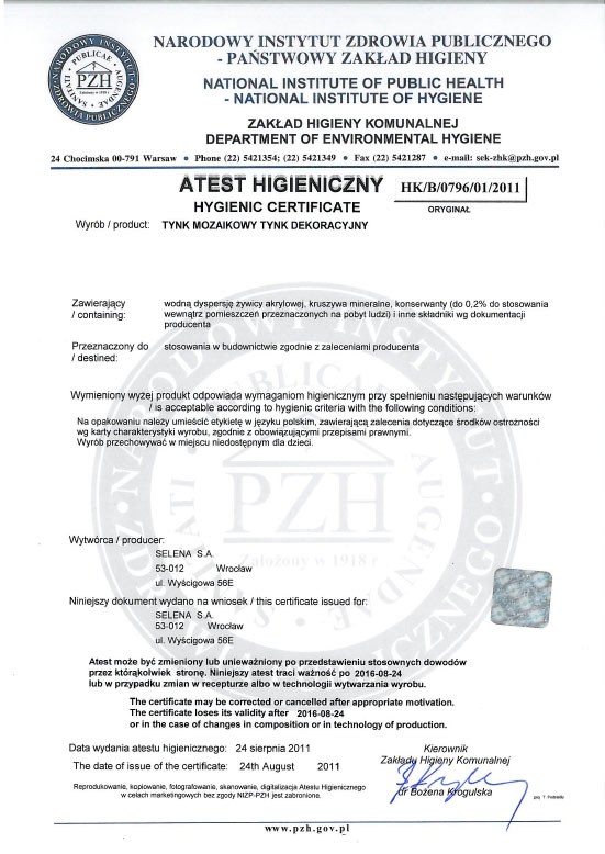 Atest Higieniczny HK/B/0796/01/2011 wydany przez Narodowy Instytut Zdrowia Publicznego – Zakład Higieny Komunalnej dla Mozaikowych Tynków Dekoracyjnych Tytan EOS Fot. Selena SA