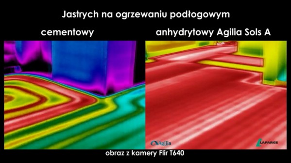 Fot. Lafarge. Porównanie przewodnictwa ciepła płaszczyznowego systemu ogrzewania wodnego na powierzchni pokrytej jastrychem cementowym i anhydrytowym Agilia<sup>™</sup> Sols A