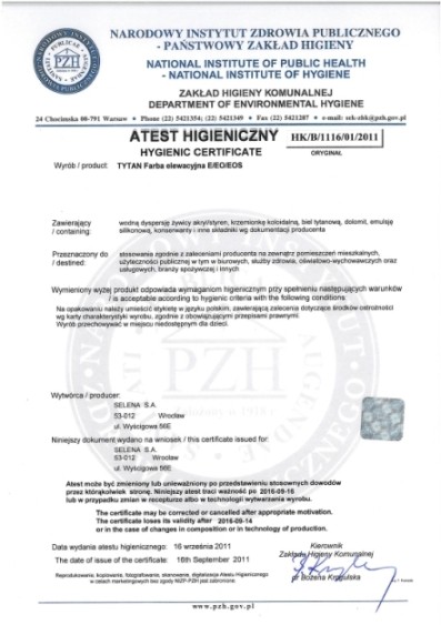 Atest Higieniczny HK/B1116/01/2011 na farby elewacyjne marki Tytan EOS Fot. Selena SA