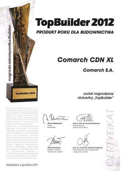 Comarch CDN XL nagrodzony podczas gali TopBuilder 2012. Produkt Roku dla Budownictwa