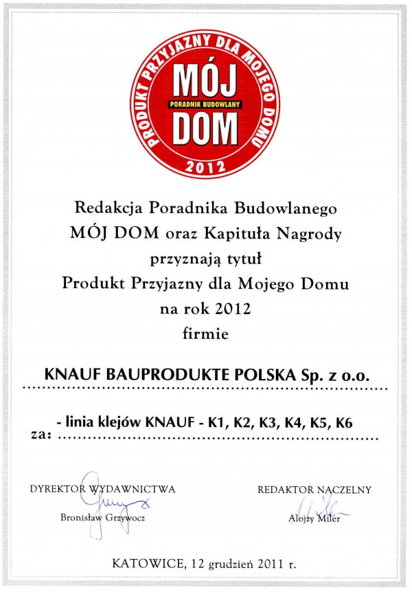 Wyróżnienie „Produkt przyjazny dla mojego domu 2012” dla linii klejów Knauf Bauprodukte