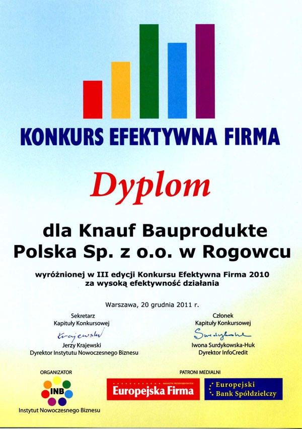 Wyróżnienie w konkursie Efektywna Firma 2010 dla Knauf Bauprodukte