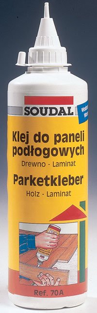 Klej do paneli podłogowych Soudal 70A bardzo silnie spaja deski i szybko wysycha. Posiada podwyższoną odporność na wodę. Po wyschnięciu ma kolor przezroczysty