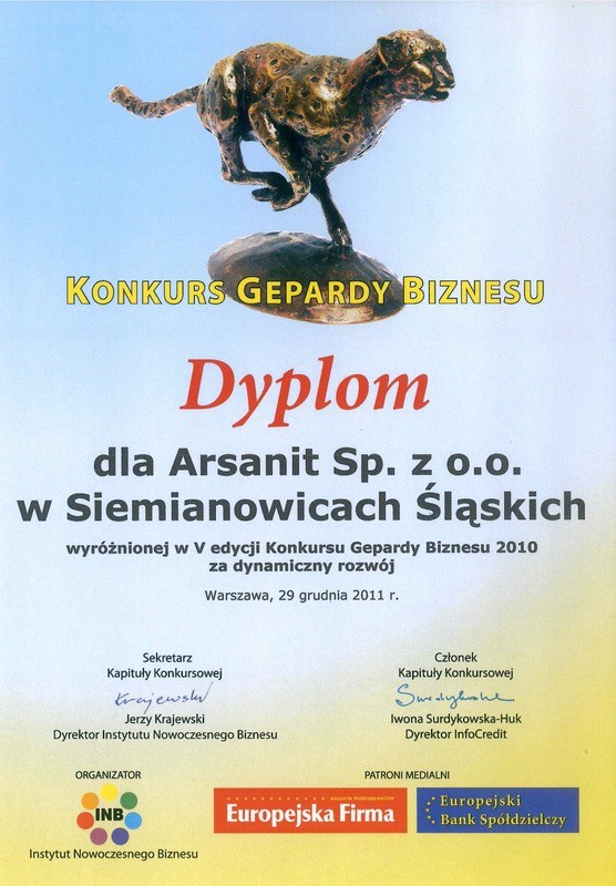 Arsanit zdobywa dyplom Gepard biznesu za dynamiczny rozwój