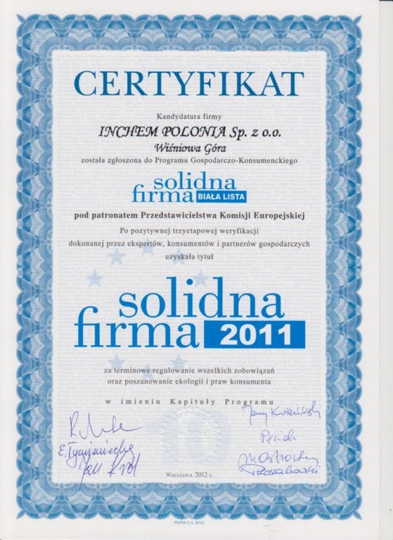 Certyfikat wiarygodności dla Inchem Polonia Sp. z o.o.