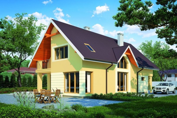 Propozycja 1. Zastosowane kolory FOVEO TECH: Tynk 1: 150 D, Tynk 2: 120 F, Tynk mozaikowy: MD 15. Dach: brąz; Stolarka: naturalny RAL 1011; Lakierobejca VIDARON: L03 Robinia Akacjowa; Projekt domu: Brzoza