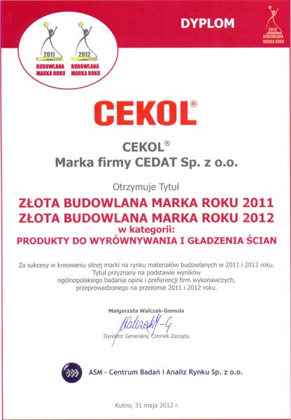 Dyplom Złota Budowlana Marka Roku 2012