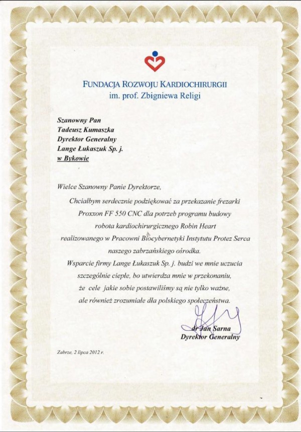 List z podziękowaniami dla firmy Lange Łukaszuk, fot. Lange Łukaszuk