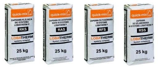 Zaprawa klejąca RKS, zaprawa do zatapiania i szpachlowania siatki RAS, zaprawa do fugowania płytek RFS i zaprawa do szlamowania RSS w systemie ociepleń quick-mix LOBATHERM P. Fot. quick-mix