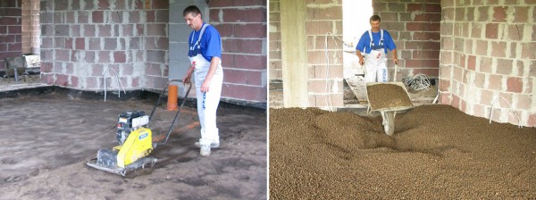 (zdjęcie po lewej) 1. Mechaniczne zagęszczanie podłoża. (zdjęcie po prawej) 2. Układanie keramzytu