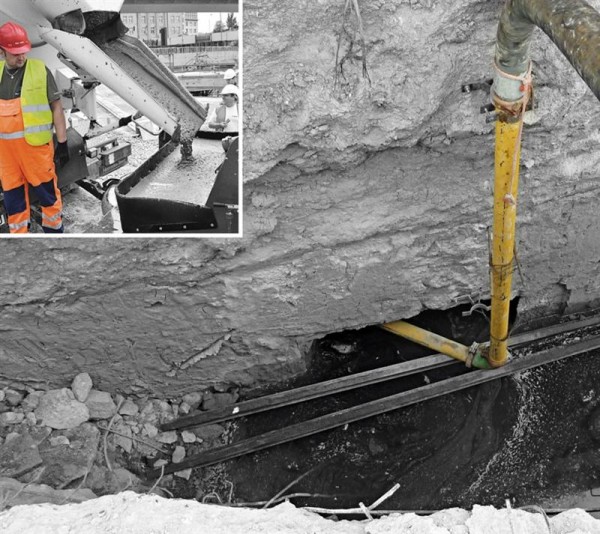 Wypełnienie przestrzeni pod jezdnia tunelu Wisłostrady w Warszawie – budowa II Linii Metra - specjalna mieszanka betonowa z upłynniaczem Dynamon SR3 oraz domieszka do betonów podwodnych Mapeplast UW Fot. Mapei