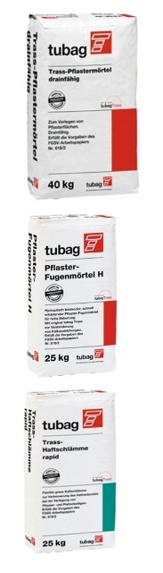 Produkty systemu nawierzchni drogowych tubag Trass: zaprawa TPM-D; szlam elastyczny TNH- rapid; zaprawa do spoinowania PFH Fot. quick-mix