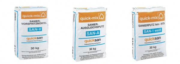 System tynków renowacyjnych quicksan, w którego skład wchodzi: SAN-V, SAN-A, SAN-1 Foto. quick-mix