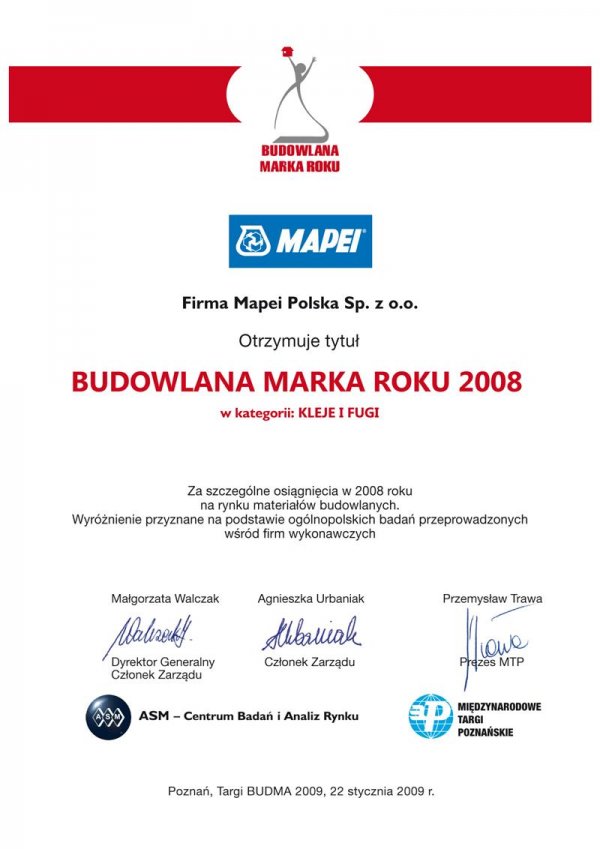 MAPEI – Budowlana Marka Roku 2008 w kategorii „kleje i fugi”