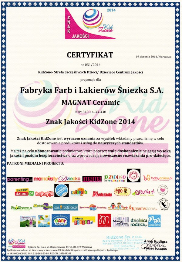 Znak Jakości KidZone 2014 dla produktów Śnieżka SA