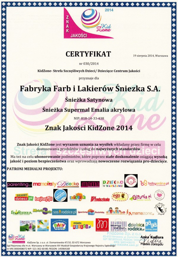 Znak Jakości KidZone 2014 dla produktów Śnieżka SA