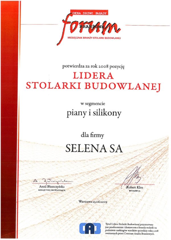 Selena – Liderem Stolarki Budowlanej 2009