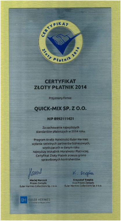 quick-mix zdobywcą Certyfikatu ZŁOTY PŁATNIK 2014