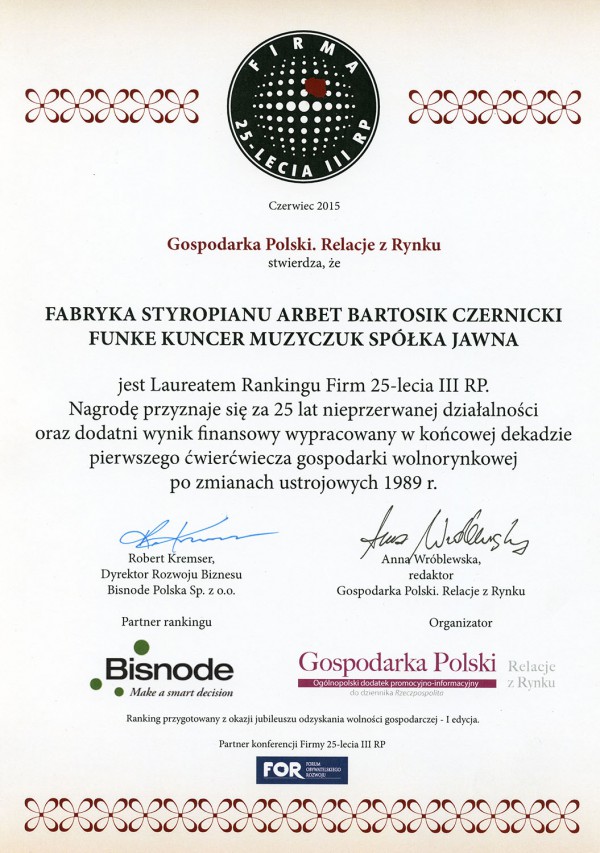 ARBET laureatem Rankingu Firm 25-Lecia Rzeczpospolitej